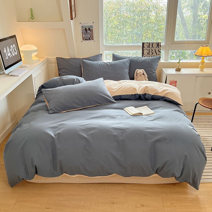 91家纺网 家纺一手货源 找家纺 米粒  2024新款纯色简约双拼磨毛四件套 晴空+咖