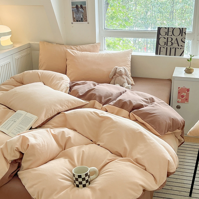 91家纺网 家纺一手货源 找家纺 米粒  2024新款纯色简约双拼磨毛四件套 咖+奶咖