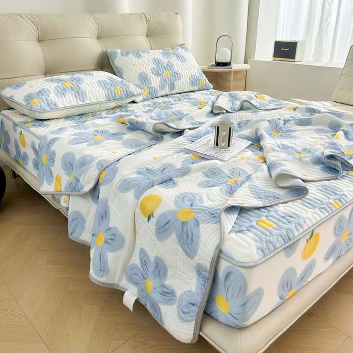 91家纺网 家纺一手货源 找家纺 2024年新品0.4乳胶凉席加厚床笠款三件套+凉感丝夏被可组合四件套-图片二 向阳花