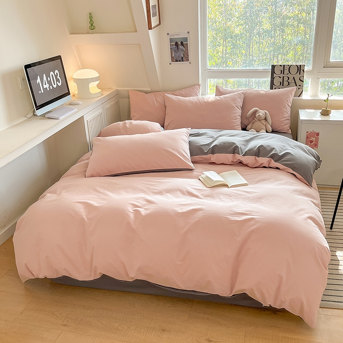 91家纺网 家纺一手货源 找家纺 米粒  2024新款纯色简约双拼磨毛四件套 蔷薇+岩石灰