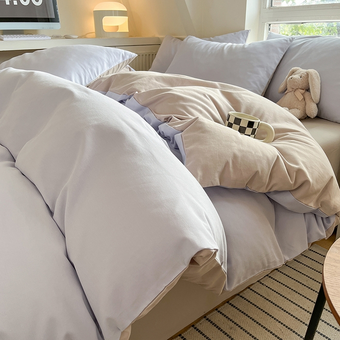 91家纺网 家纺一手货源 找家纺 米粒  2024新款纯色简约双拼磨毛四件套 紫雾+大麦灰