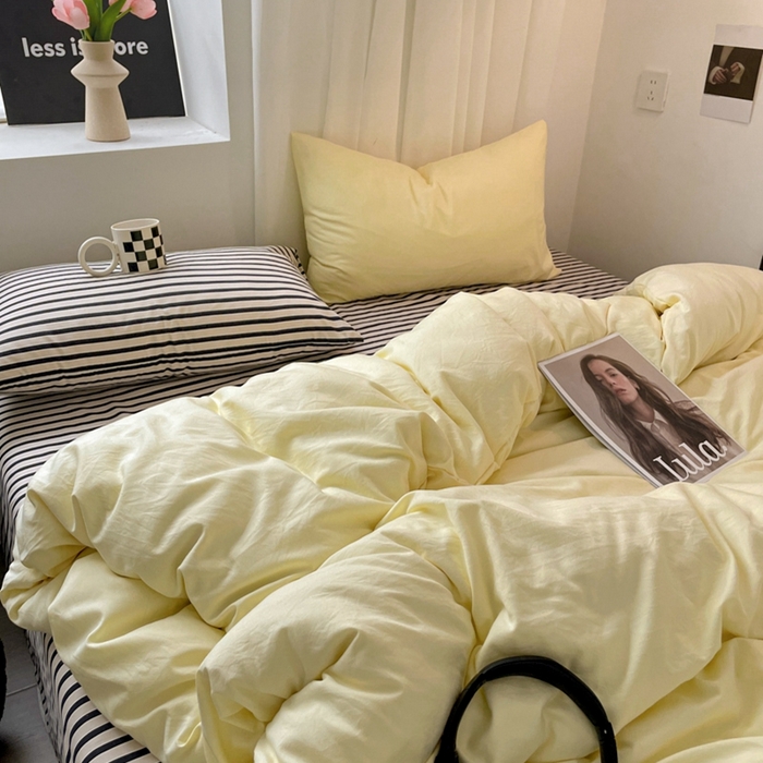 91家纺网 家纺一手货源 找家纺 耀达家居 2024新款ins 纯色双拼条纹水洗棉四件套 芝士