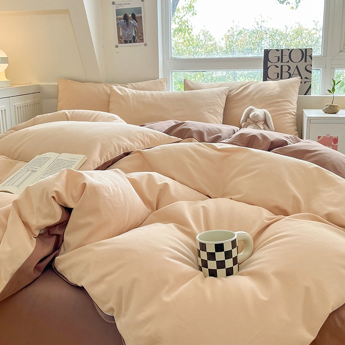 91家纺网 家纺一手货源 找家纺 米粒  2024新款纯色简约双拼磨毛四件套 咖+奶咖