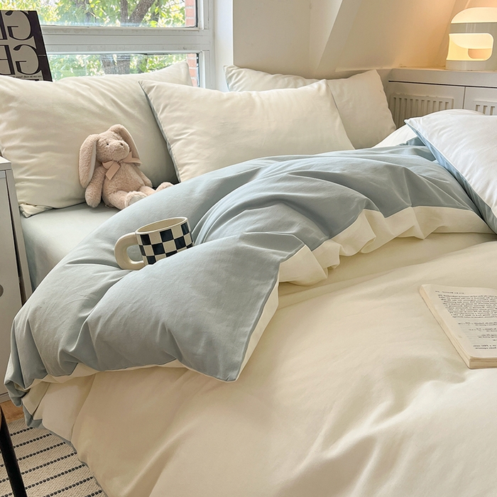 91家纺网 家纺一手货源 找家纺 米粒  2024新款纯色简约双拼磨毛四件套 奶白+天蓝