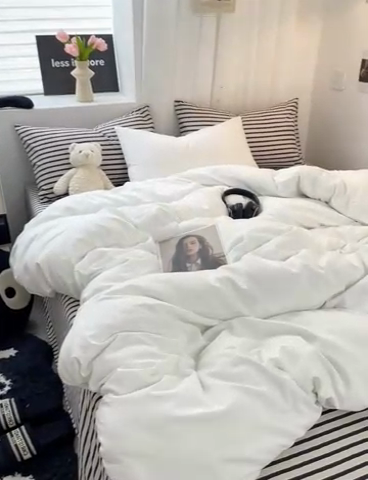 91家纺网 家纺一手货源 找家纺 耀达家居 2024新款ins 纯色双拼条纹水洗棉四件套 奶白