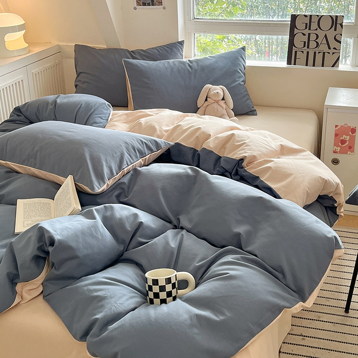 91家纺网 家纺一手货源 找家纺 米粒  2024新款纯色简约双拼磨毛四件套 晴空+咖