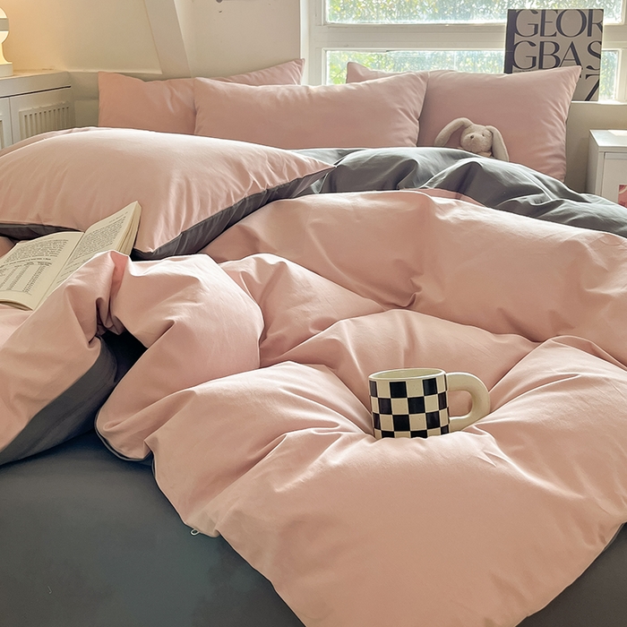 91家纺网 家纺一手货源 找家纺 米粒  2024新款纯色简约双拼磨毛四件套 蔷薇+岩石灰