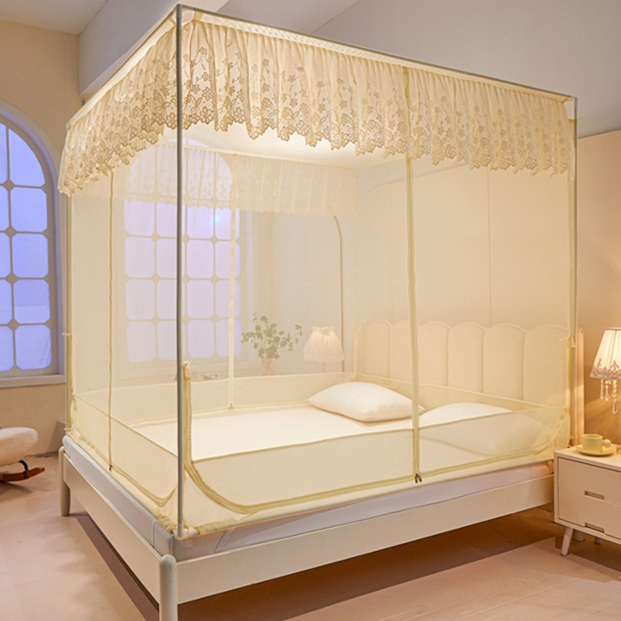 91家纺网 家纺一手货源 找家纺 2024新款方顶坐床绣花蚊帐-郁金香（型号853） 优雅黄