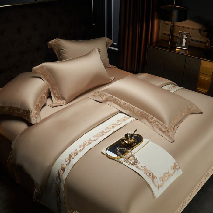 91家纺网 家纺一手货源 找家纺 缔缦 2024新款定织新布种S140重磅刺绣四件套-罗莎 卡其