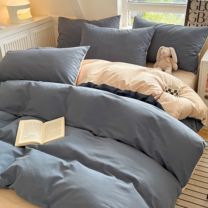 91家纺网 家纺一手货源 找家纺 米粒  2024新款纯色简约双拼磨毛四件套 晴空+咖