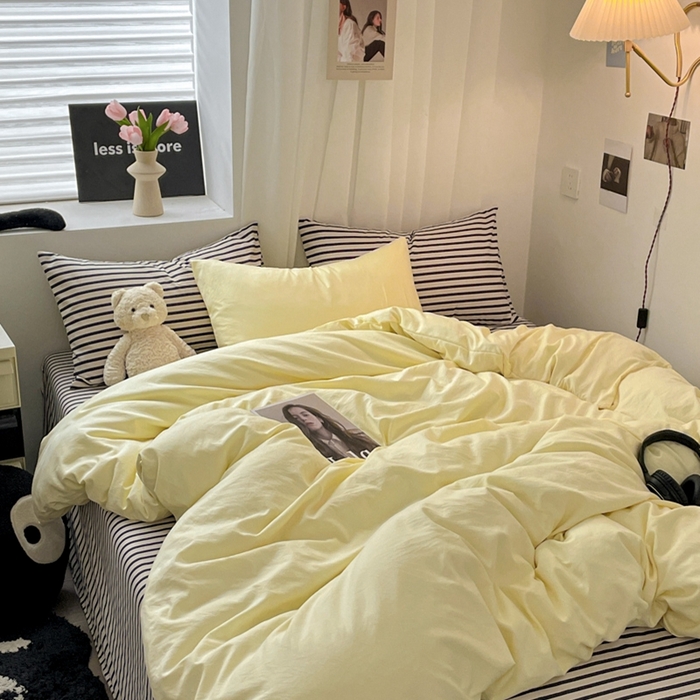 91家纺网 家纺一手货源 找家纺 耀达家居 2024新款ins 纯色双拼条纹水洗棉四件套 芝士