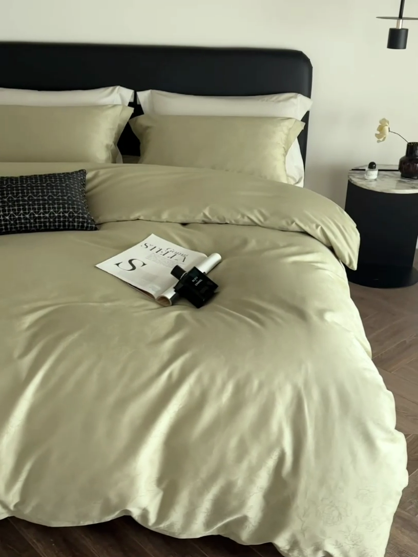 91家纺网 家纺一手货源 找家纺 梦享生活家居 2024新款100支贡缎提花四件套 赛琳-普罗绿