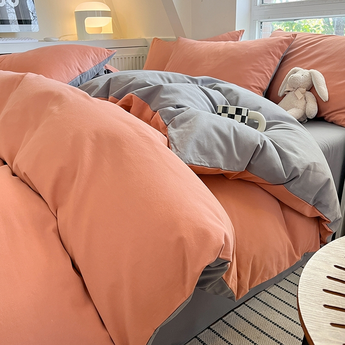 91家纺网 家纺一手货源 找家纺 米粒  2024新款纯色简约双拼磨毛四件套 甜曲奇+石岩灰