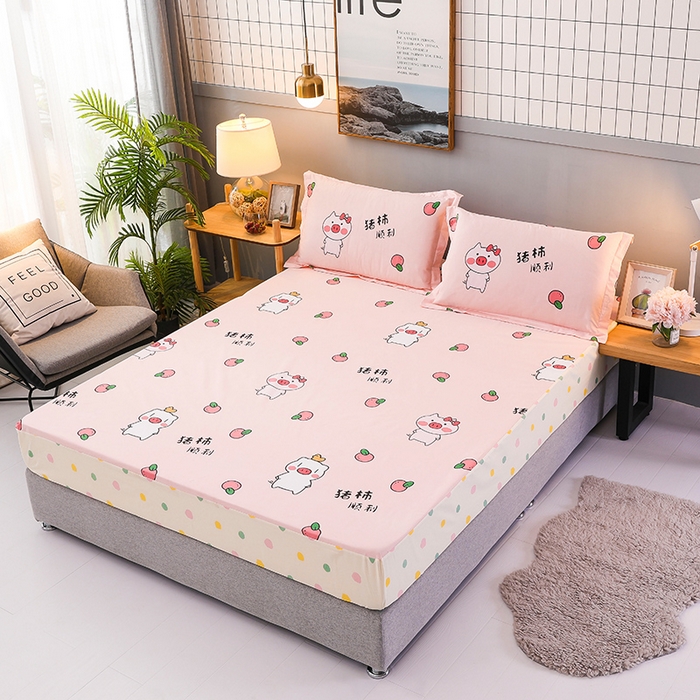 91家纺网 家纺一手货源 找家纺 床笠人家 2025新款全棉印花防水床笠防水隔尿透气-印花防水床笠 猪柿顺利