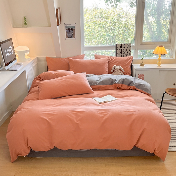 91家纺网 家纺一手货源 找家纺 米粒  2024新款纯色简约双拼磨毛四件套 甜曲奇+石岩灰