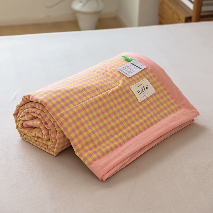 91家纺网 家纺一手货源 找家纺 【直播爆款】24新品A类抗菌全棉色织水洗棉夏被四件套夏凉被空调被-粉黄小格