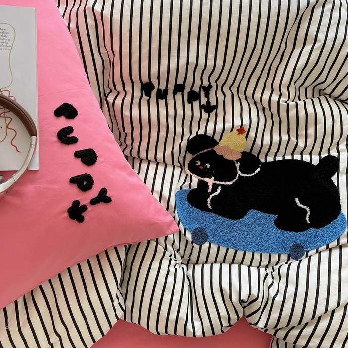 91家纺网 家纺一手货源 找家纺 呗旺鹿 2024新款小清新全棉四件套毛巾绣四件套纯棉四件套 滑板小狗