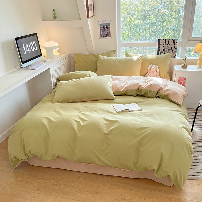 91家纺网 家纺一手货源 找家纺 米粒  2024新款纯色简约双拼磨毛四件套 巴黎绿+咖