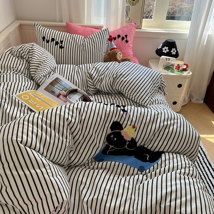 呗旺鹿 2024新款小清新全棉四件套毛巾绣四件套纯棉四件套 滑板小狗