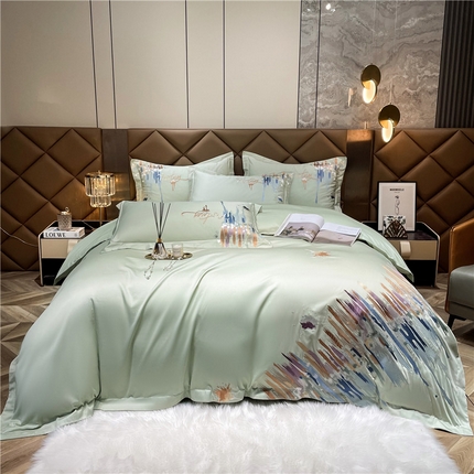 91家纺网 家纺一手货源 找家纺 红番天家居馆 2025新款长绒棉系列四件套-爱情海 爱情海-芥末绿