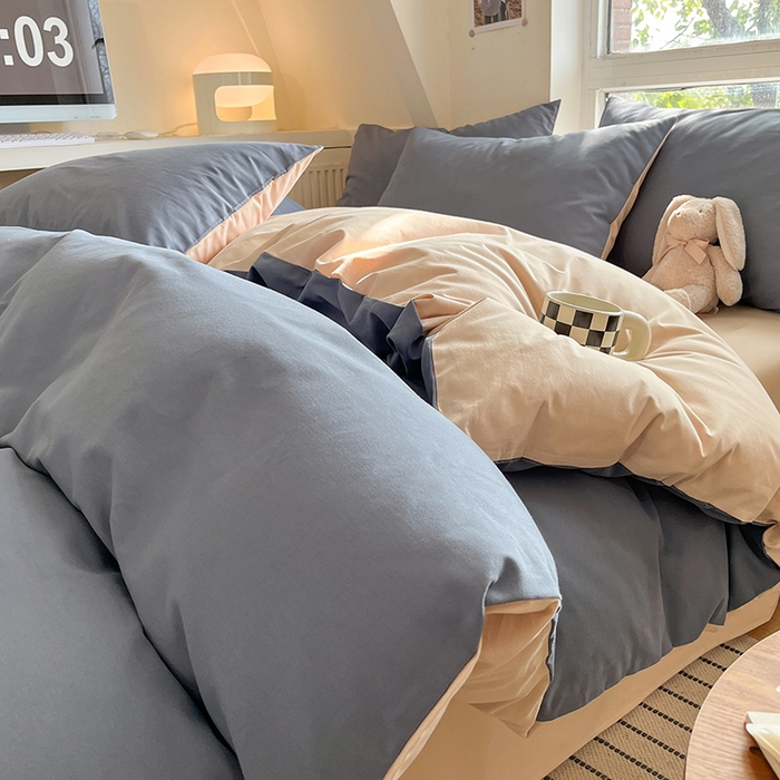 91家纺网 家纺一手货源 找家纺 米粒  2024新款纯色简约双拼磨毛四件套 晴空+咖