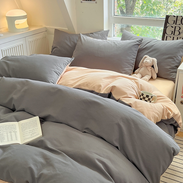 91家纺网 家纺一手货源 找家纺 米粒  2024新款纯色简约双拼磨毛四件套 岩石灰+奶咖