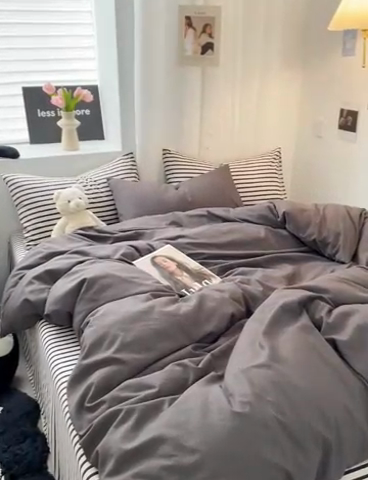 91家纺网 家纺一手货源 找家纺 耀达家居 2024新款ins 纯色双拼条纹水洗棉四件套 文艺灰