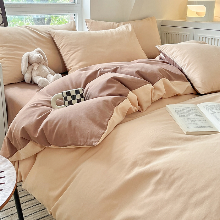 91家纺网 家纺一手货源 找家纺 米粒  2024新款纯色简约双拼磨毛四件套 咖+奶咖