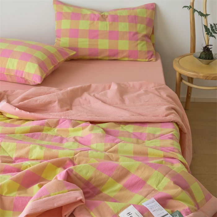 91家纺网 家纺一手货源 找家纺 【直播爆款】24新品A类抗菌全棉色织水洗棉夏被四件套夏凉被空调被-粉黄六分格