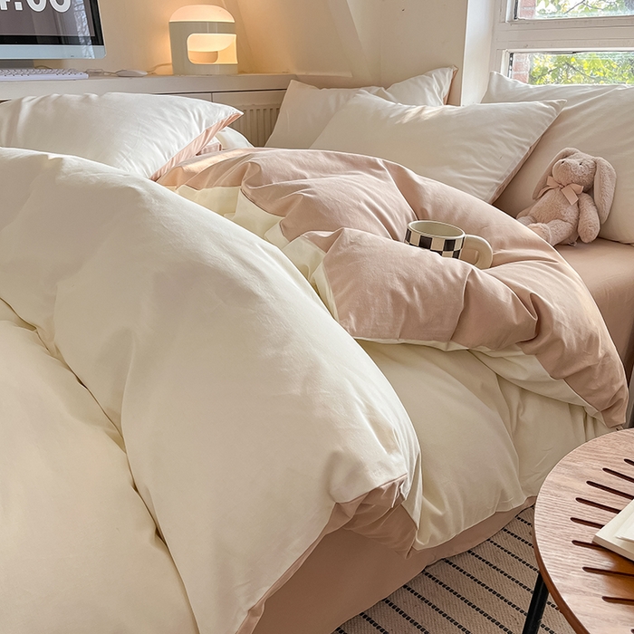 91家纺网 家纺一手货源 找家纺 米粒  2024新款纯色简约双拼磨毛四件套 奶白+咖