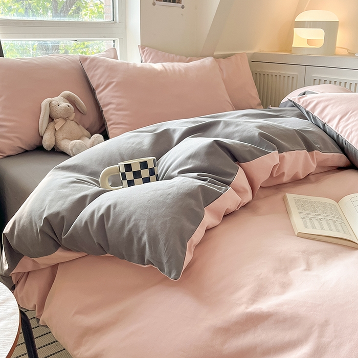 91家纺网 家纺一手货源 找家纺 米粒  2024新款纯色简约双拼磨毛四件套 蔷薇+岩石灰