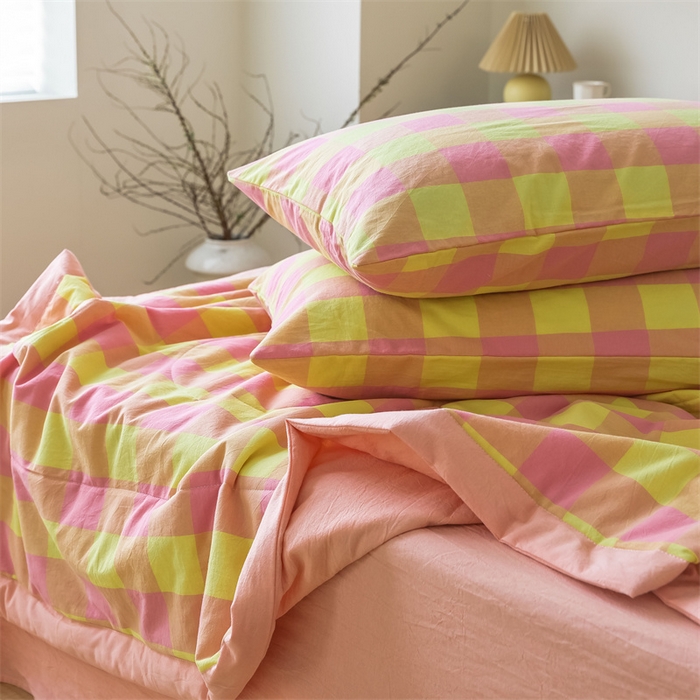 91家纺网 家纺一手货源 找家纺 【直播爆款】24新品A类抗菌全棉色织水洗棉夏被四件套夏凉被空调被-粉黄六分格