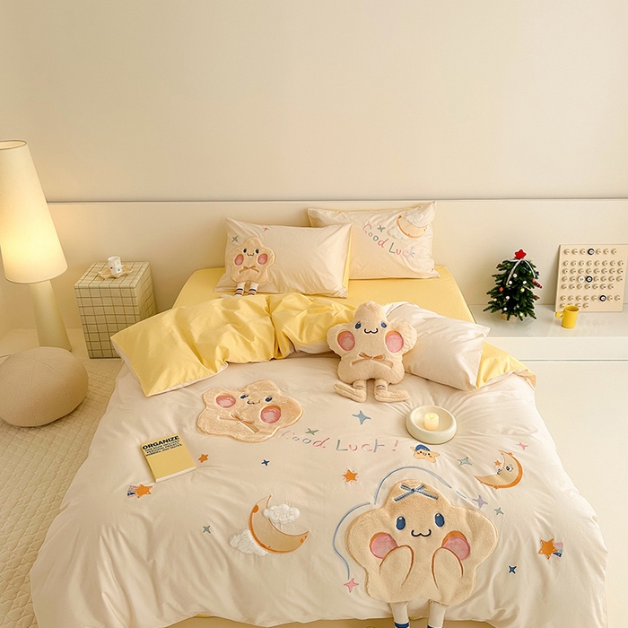 91家纺网 家纺一手货源 找家纺 （总）蜜柚 2024新款全棉水洗棉贴布绣工艺四件套送同款抱枕