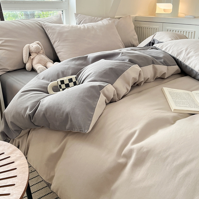 91家纺网 家纺一手货源 找家纺 米粒  2024新款纯色简约双拼磨毛四件套 大麦灰+岩石灰