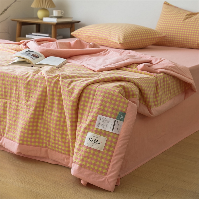91家纺网 家纺一手货源 找家纺 【直播爆款】24新品A类抗菌全棉色织水洗棉夏被四件套夏凉被空调被-粉黄小格
