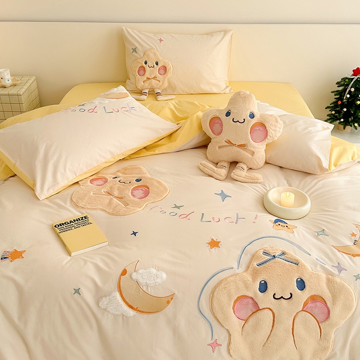 91家纺网 家纺一手货源 找家纺 （总）蜜柚 2024新款全棉水洗棉贴布绣工艺四件套送同款抱枕