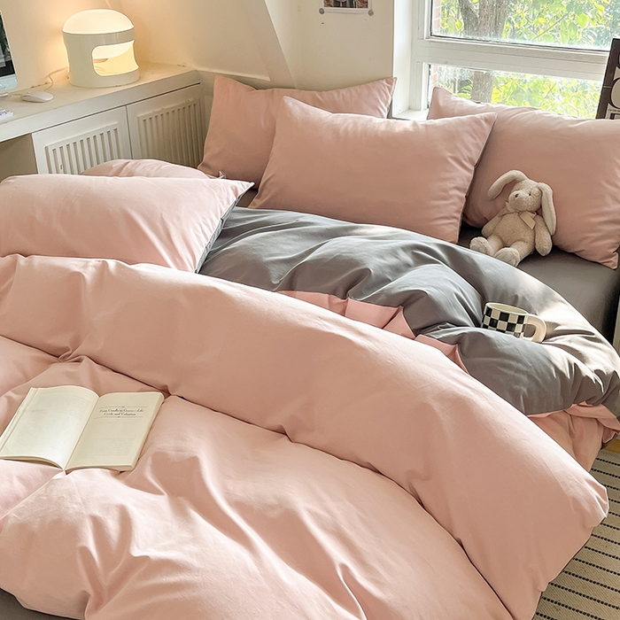 91家纺网 家纺一手货源 找家纺 米粒  2024新款纯色简约双拼磨毛四件套 蔷薇+岩石灰