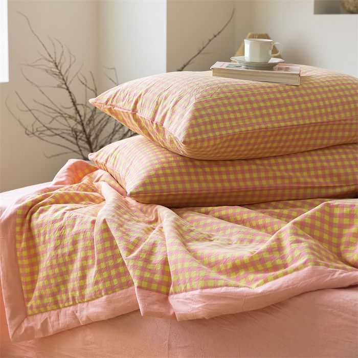 91家纺网 家纺一手货源 找家纺 【直播爆款】24新品A类抗菌全棉色织水洗棉夏被四件套夏凉被空调被-粉黄小格