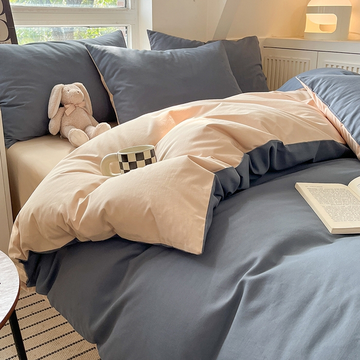 91家纺网 家纺一手货源 找家纺 米粒  2024新款纯色简约双拼磨毛四件套 晴空+咖