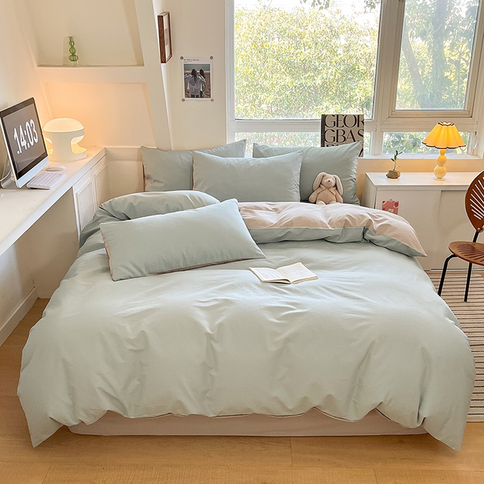 91家纺网 家纺一手货源 找家纺 米粒  2024新款纯色简约双拼磨毛四件套 天蓝+大麦灰