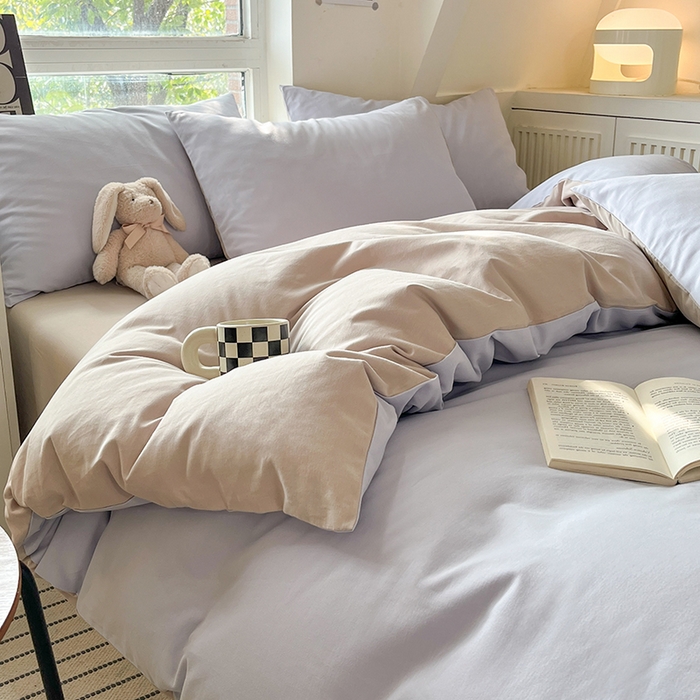 91家纺网 家纺一手货源 找家纺 米粒  2024新款纯色简约双拼磨毛四件套 紫雾+大麦灰