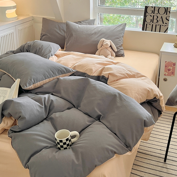 91家纺网 家纺一手货源 找家纺 米粒  2024新款纯色简约双拼磨毛四件套 岩石灰+奶咖