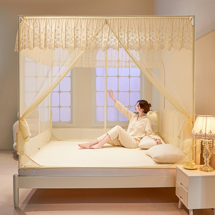 91家纺网 家纺一手货源 找家纺 2024新款方顶坐床绣花蚊帐-郁金香（型号853） 优雅黄