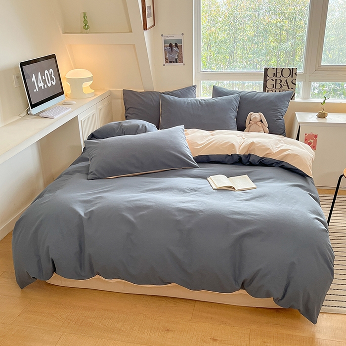 91家纺网 家纺一手货源 找家纺 米粒  2024新款纯色简约双拼磨毛四件套 晴空+咖