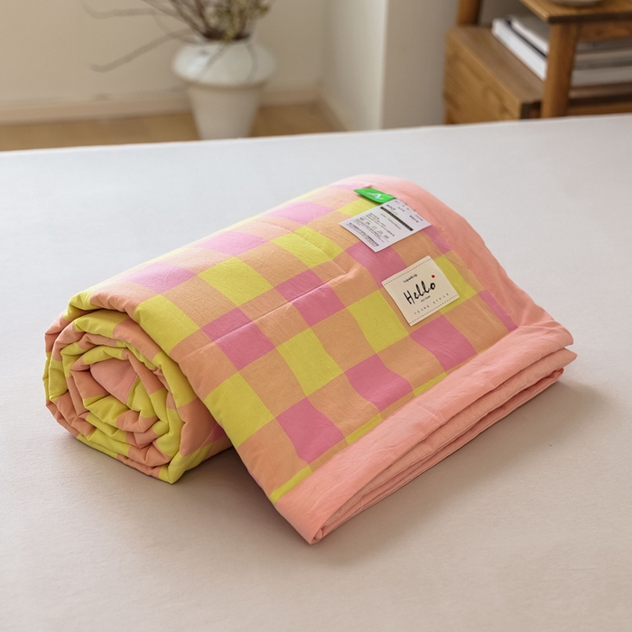 91家纺网 家纺一手货源 找家纺 【直播爆款】24新品A类抗菌全棉色织水洗棉夏被四件套夏凉被空调被-粉黄六分格