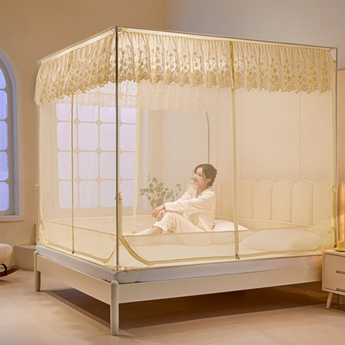 91家纺网 家纺一手货源 找家纺 2024新款方顶坐床绣花蚊帐-郁金香（型号853） 优雅黄