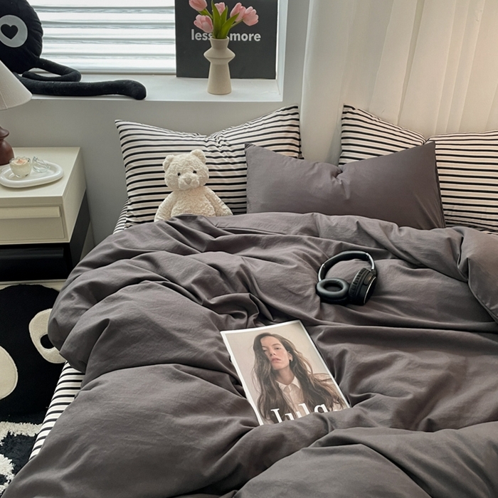 91家纺网 家纺一手货源 找家纺 耀达家居 2024新款ins 纯色双拼条纹水洗棉四件套 文艺灰