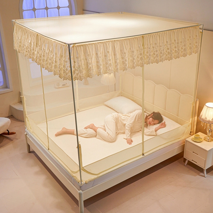 91家纺网 家纺一手货源 找家纺 2024新款方顶坐床绣花蚊帐-郁金香（型号853） 优雅黄