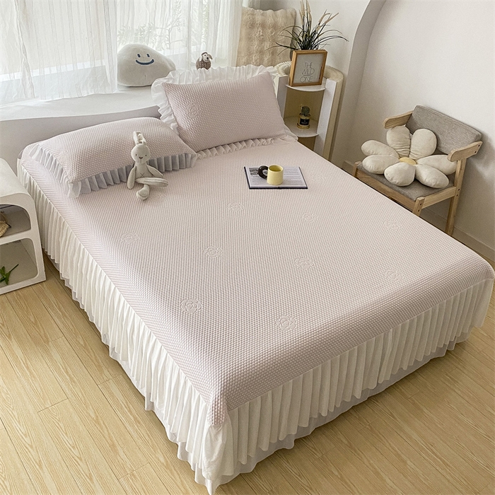 91家纺网 家纺一手货源 找家纺 鑫姿席业 2025新款A类抗菌冰豆豆床裙款凉席-花朵系列 蜜桃粉