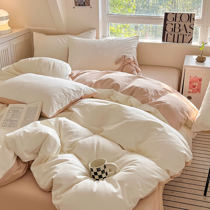 91家纺网 家纺一手货源 找家纺 米粒  2024新款纯色简约双拼磨毛四件套 奶白+咖